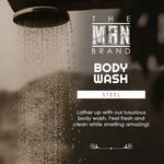 Body wash with a Steel Body scent, featuring bold white lettering and a minimalist label on dark packaging.