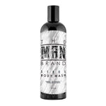 Steel Body Wash in a black plastic bottle with a black cap and silver marbled label, featuring bold black lettering.