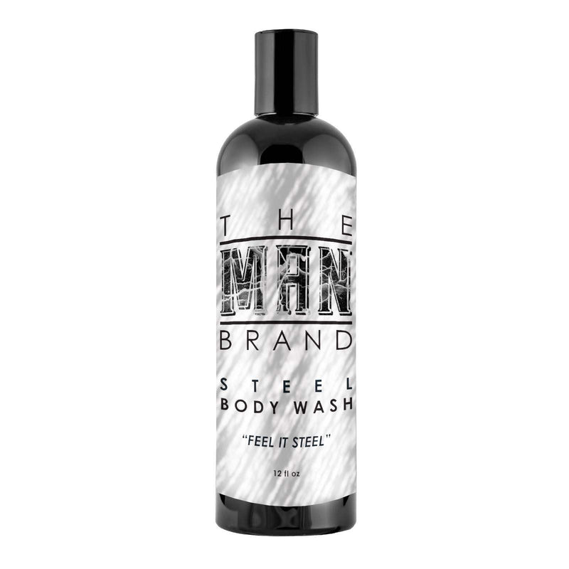 Steel Body Wash in a black plastic bottle with a black cap and silver marbled label, featuring bold black lettering.