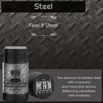 Steel Natural Aluminum-Free Deodorant in a black twist-up tube with a silver metallic-patterned label and bold Steel branding.