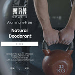 Steel Natural Aluminum-Free Deodorant in black packaging, labeled “Steel” with a bold natural deodorant design.