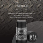 Steel Natural Aluminum-Free Deodorant in a silver metallic-patterned tube with a black cap and men's branding.