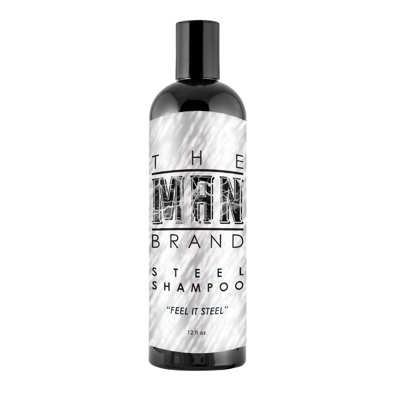 Steel Shampoo in a black plastic bottle with a silver marbled label and black cap, featuring bold branding.