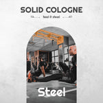 Steel Solid Cologne product label featuring bold white lettering, monochrome gym scene, and orange structural accents on a light textured design.