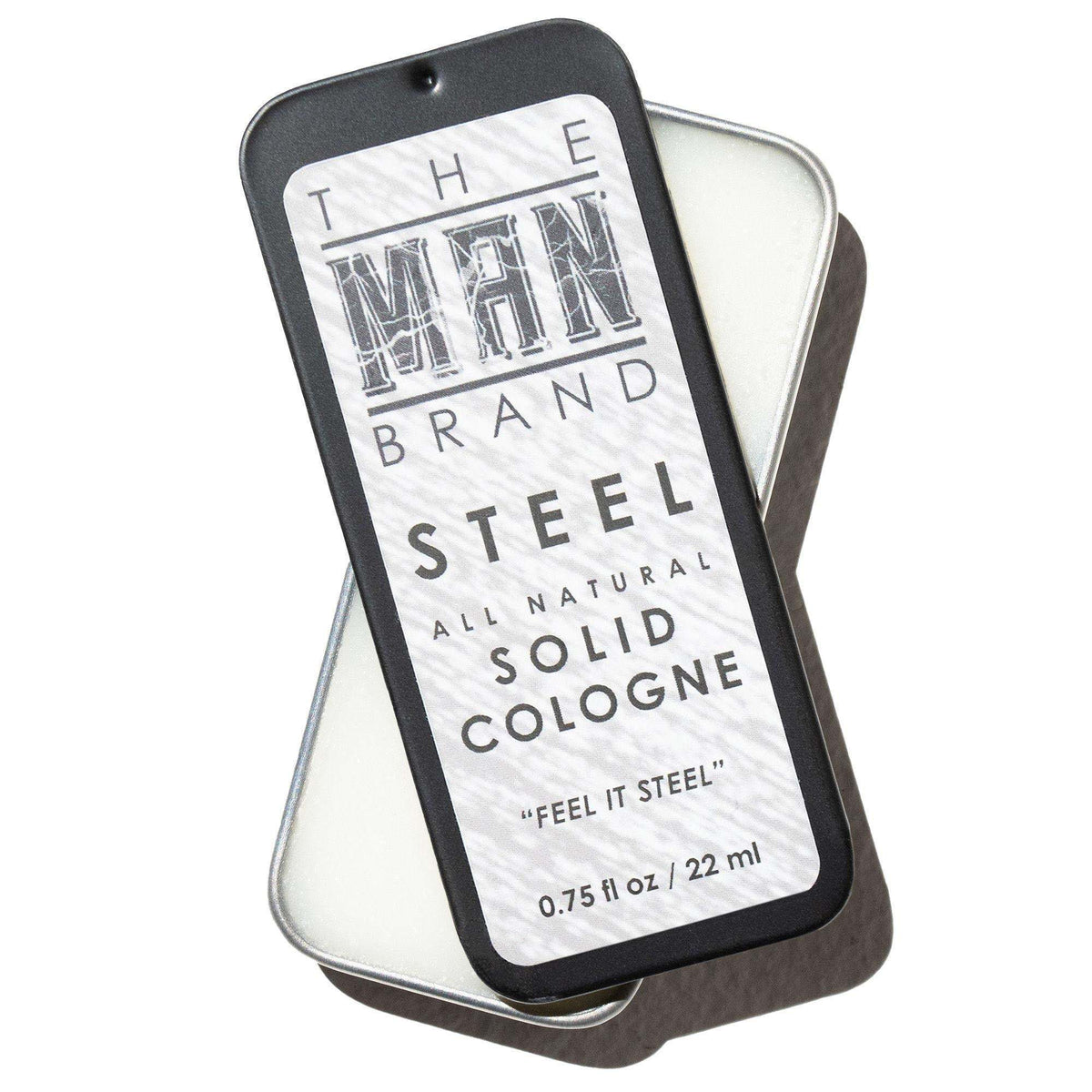 Steel Solid Cologne in a charcoal gray metal slide tin with a brushed silver label and bold black lettering.