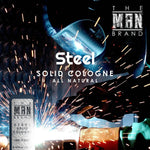 Steel Solid Cologne in a silver metal slide tin with black lettering and a compact rectangular design.