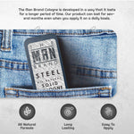 Steel Solid Cologne in a dark gray rectangular slide tin, with bold black lettering and a compact pocket-sized design.