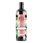 Sweet Tobacco Beard Conditioner in a glossy black bottle with a pink, green and white botanical label and black cap.