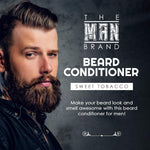 Sweet Tobacco Beard Conditioner product graphic with bold white lettering and a bearded man in a dark jacket.