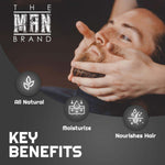 Sweet Tobacco Beard Oil promotional graphic with a bearded man, brand logo, and icons highlighting natural ingredients, moisture, and nourishment.