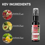 Sweet Tobacco Beard Oil in a black spray bottle with a clear cap and pink, green, and white label, shown with key ingredients.