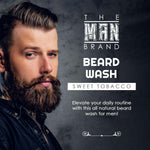 Sweet Tobacco Beard Wash with bold white lettering, labeled “Sweet Tobacco” and featuring a bearded man.