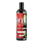 Sweet Tobacco Body Wash in a black plastic bottle with a glossy finish, red-and-green botanical label, and black cap.