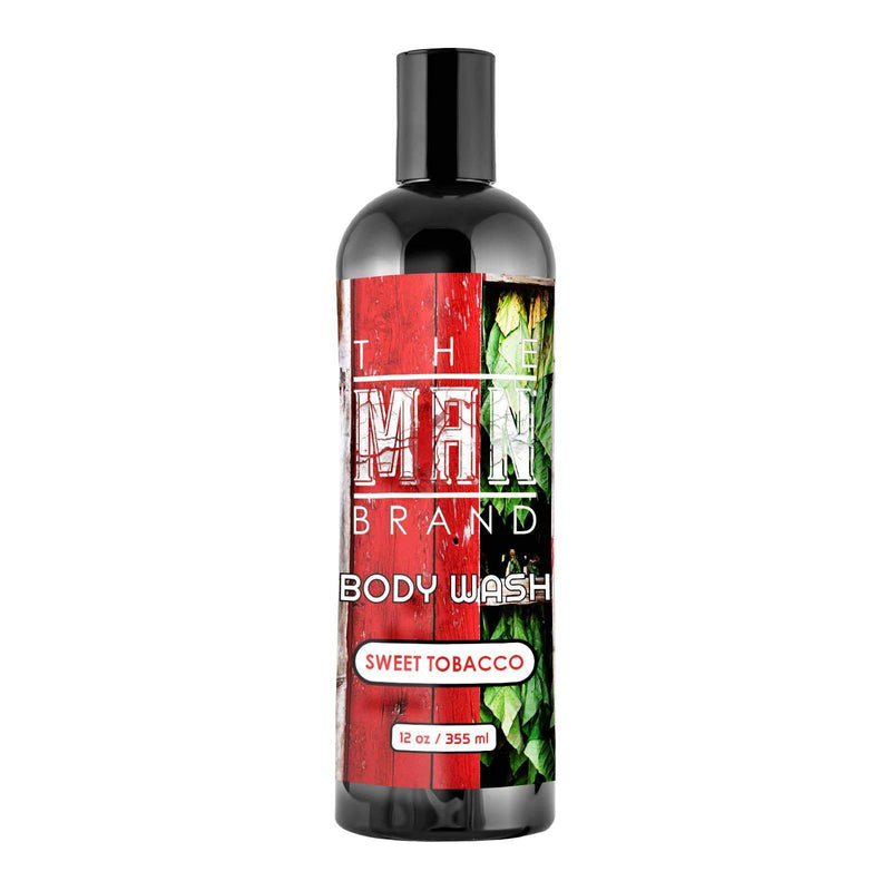 Sweet Tobacco Body Wash in a black plastic bottle with a glossy finish, red-and-green botanical label, and black cap.