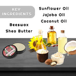 Sweet Tobacco Solid Cologne in a black round tin with a red-and-green label, shown with beeswax, oils and shea butter ingredients.