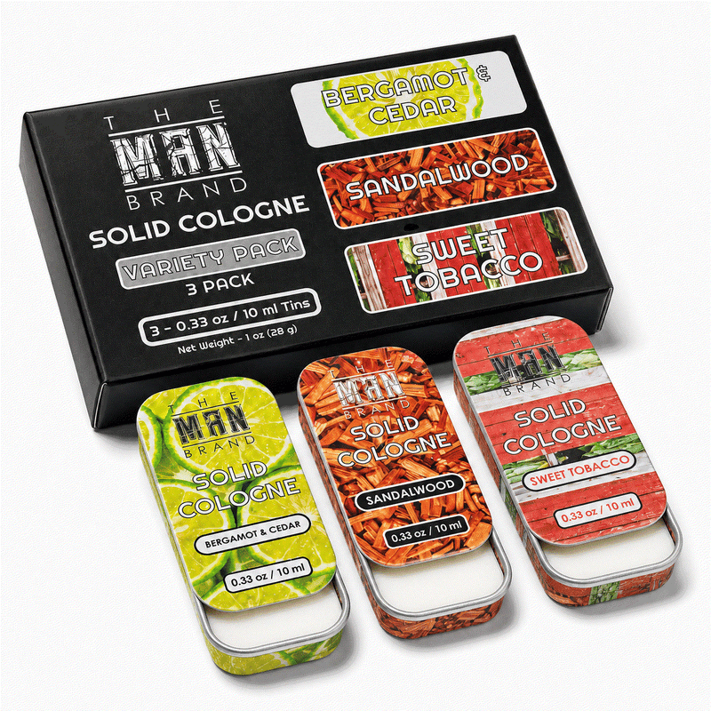 The Man Brand’s Solid Cologne - Bergamot and Cedar, Sandalwood, Sweet Tobacco - 0.33  oz each