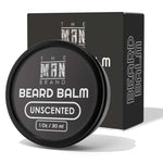 Unscented Beard Balm in a black round tin with matching black box, featuring bold white lettering and an unscented label.