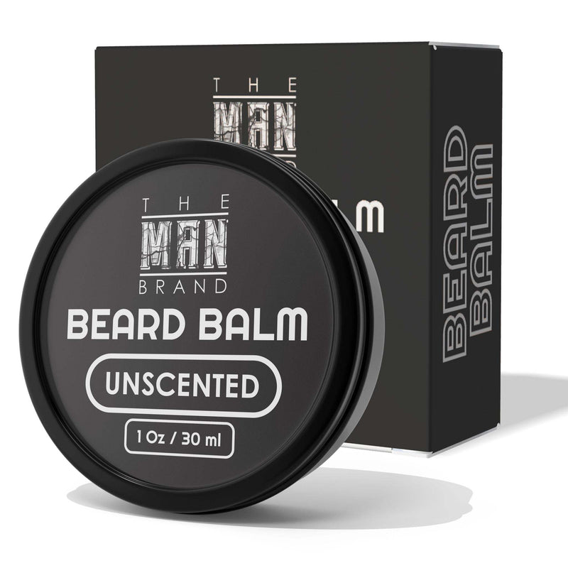 Unscented Beard Balm in a black round tin with matching black box, featuring bold white lettering and an unscented label.