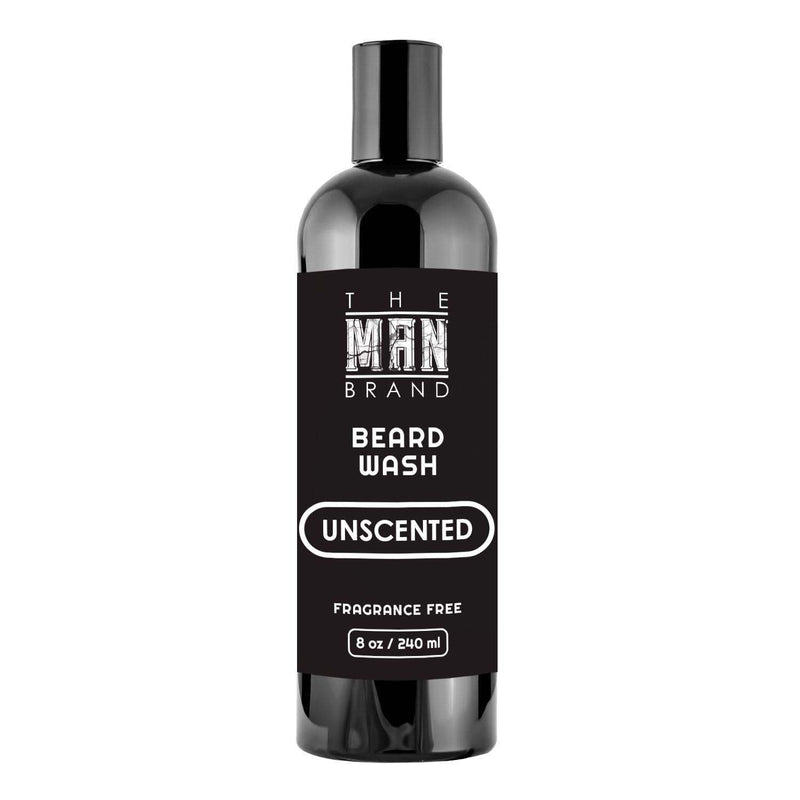 Unscented Beard Wash in a glossy black plastic bottle with a black label, white lettering, and a fragrance-free formula.