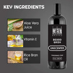 Unscented Beard Wash in a black bottle with a clear cap, bold white lettering, and an 8 oz size label.