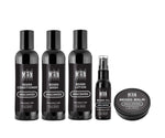 Unscented Ultimate Beard Kit with black bottles of conditioner, wash, lotion, oil, and balm, labeled fragrance-free.
