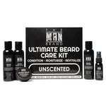 Unscented Ultimate Beard Kit with black bottles and jars, featuring bold white labels and a matching black gift box.