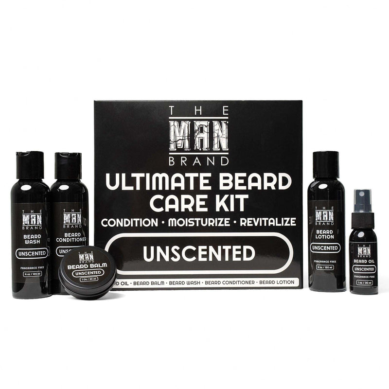 Unscented Ultimate Beard Kit with black bottles and jars, featuring bold white labels and a matching black gift box.