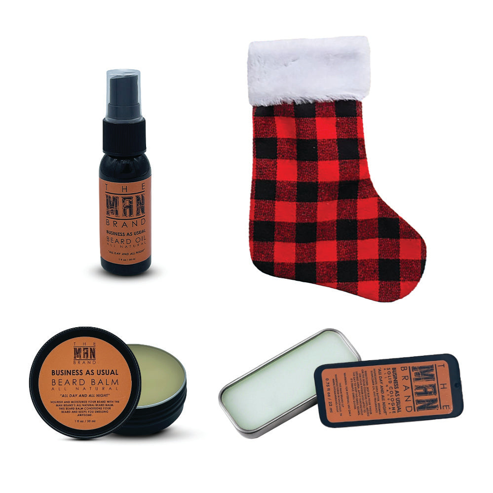 The Man Brand's Stocking Stuffer with solid cologne, beard oil, and beard, balm in red or black plaid stockings