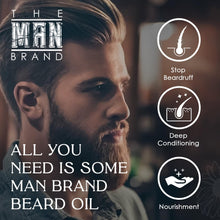 Load image into Gallery viewer, The Man Brand’s Beard Oil for Moisturizing, Grooming Beard and Skin - Natural Vitamin E Beard Care Oil for eliminating beardruff, patchy beards, and dry skin
