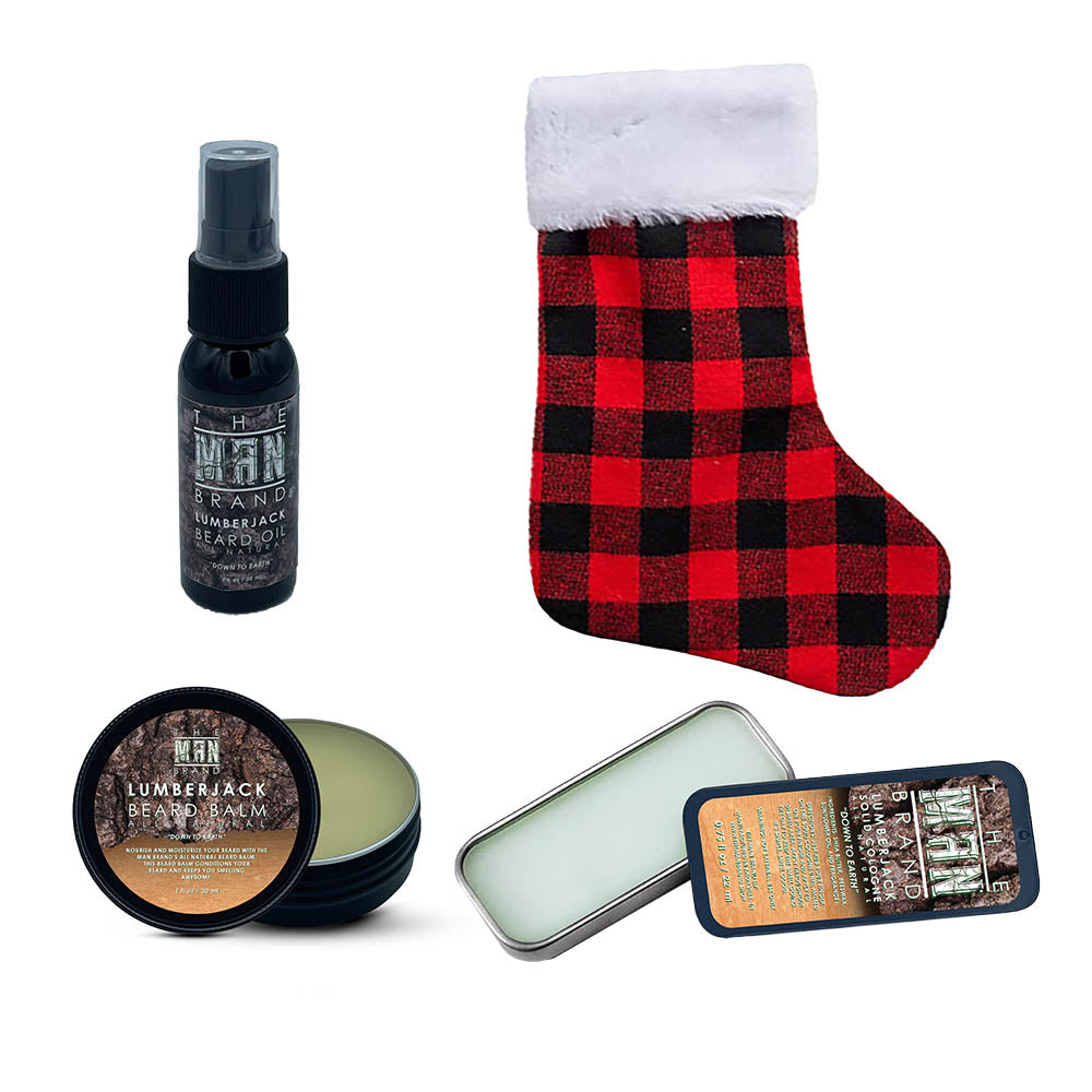 The Man Brand's Stocking Stuffer with solid cologne, beard oil, and beard, balm in red or black plaid stockings