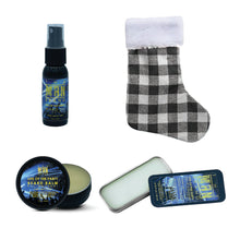 Load image into Gallery viewer, The Man Brand&#39;s Stocking Stuffer with solid cologne, beard oil, and beard, balm in red or black plaid stockings
