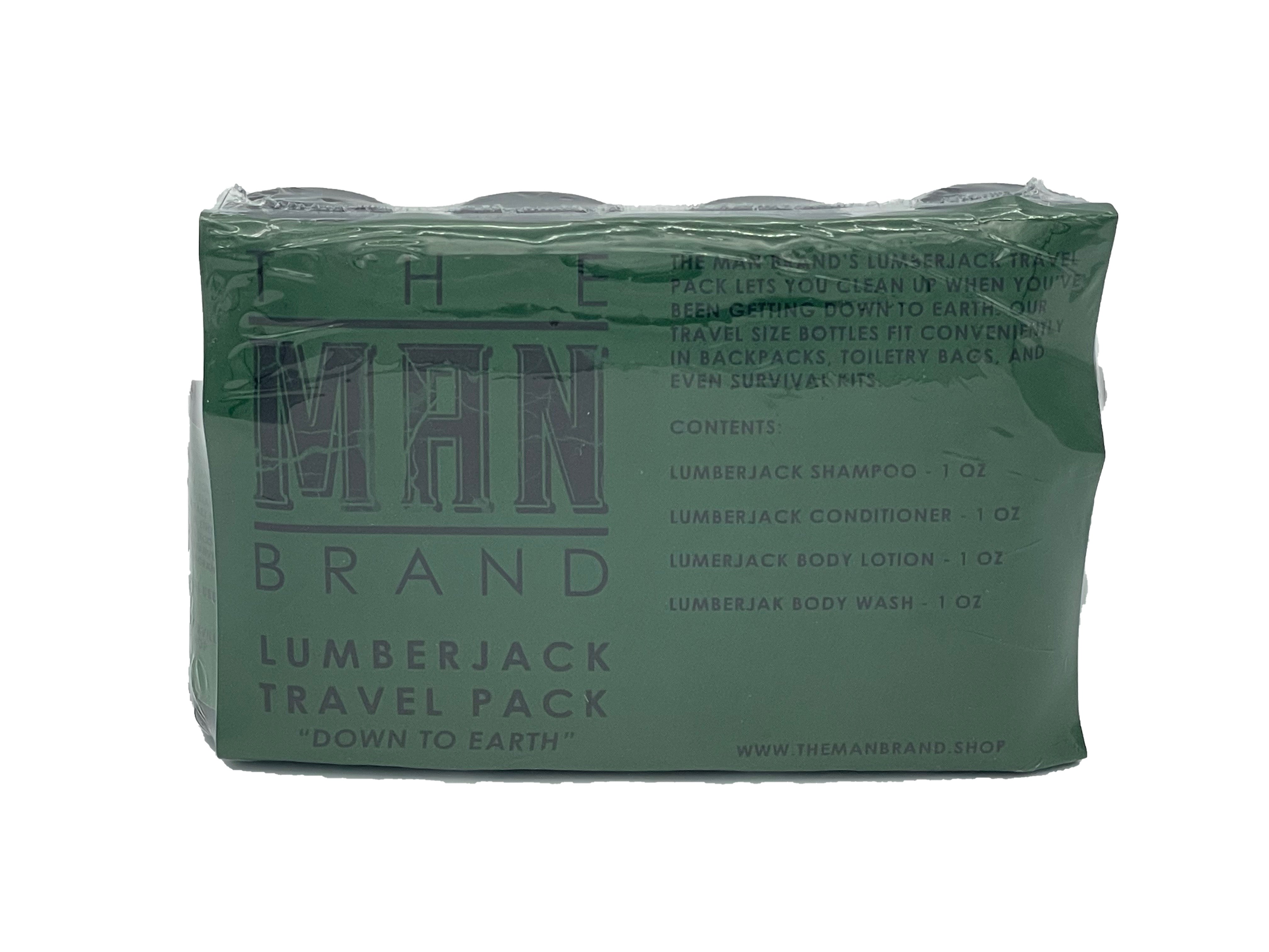 The Man Brand's Travel Pack for Men with Shampoo, Conditioner, Body Lotion, and Body Wash in 1 oz travel size bottles