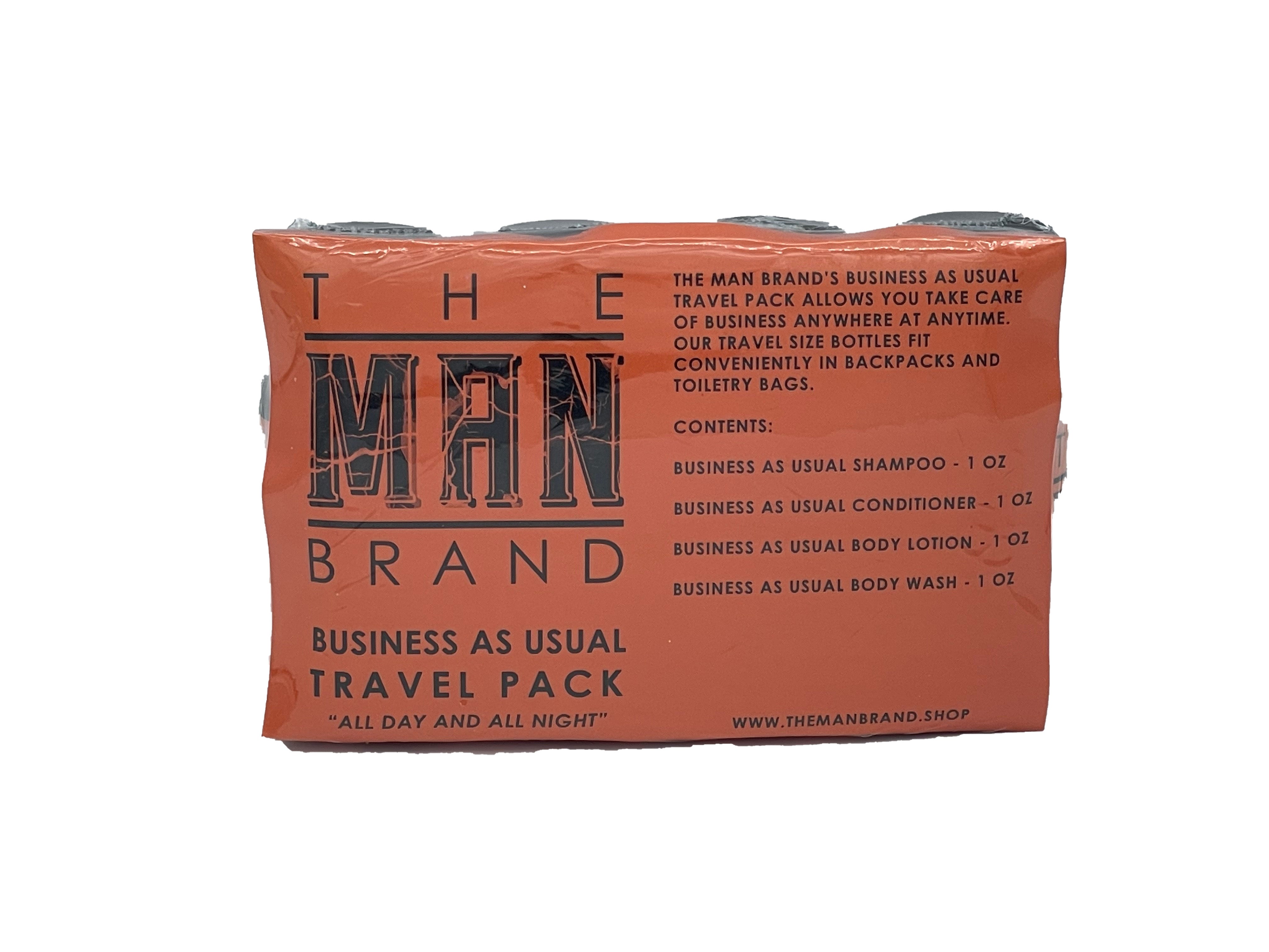 The Man Brand's Travel Pack for Men with Shampoo, Conditioner, Body Lotion, and Body Wash in 1 oz travel size bottles